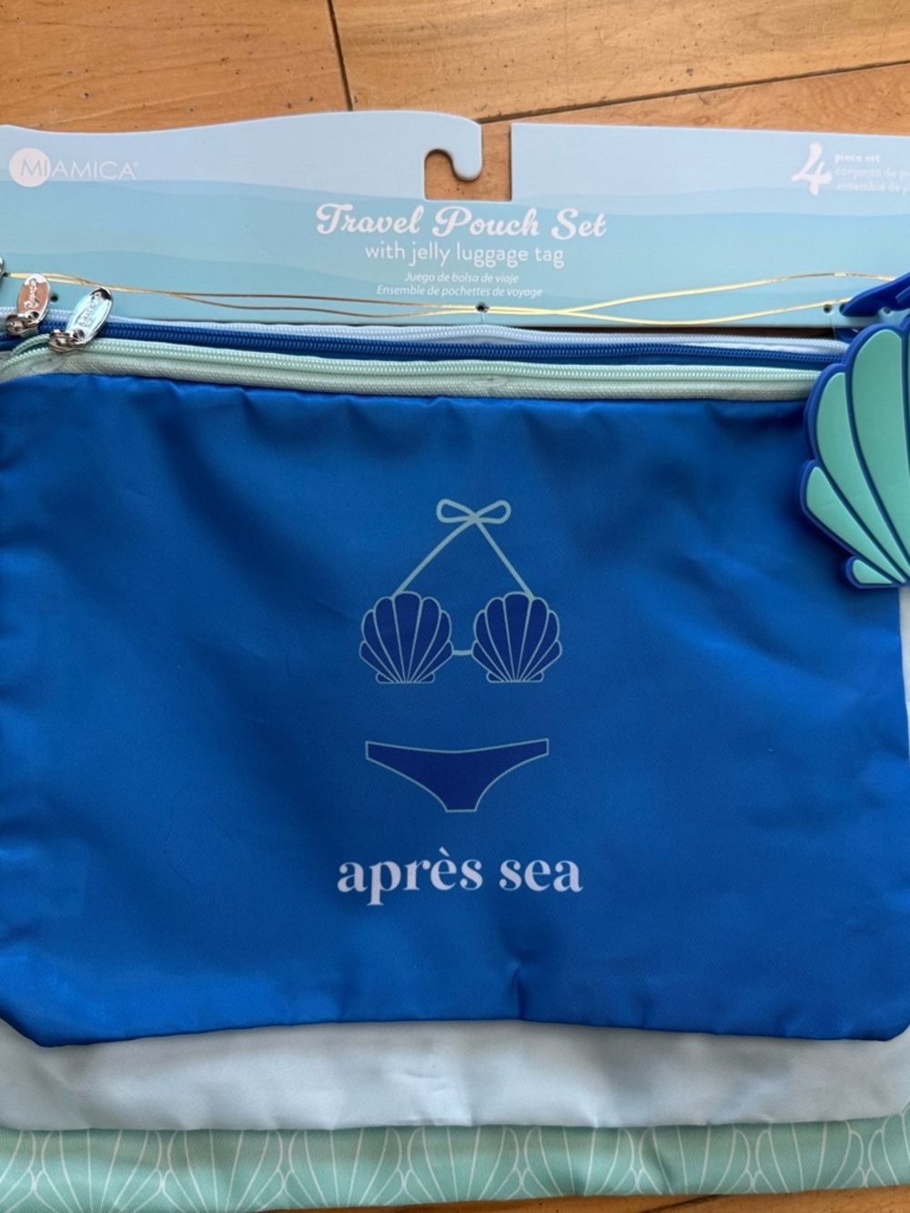 MIAMICA Travel Pouch Set with Jelly Luggage Tag Blue with Light Blue Accents